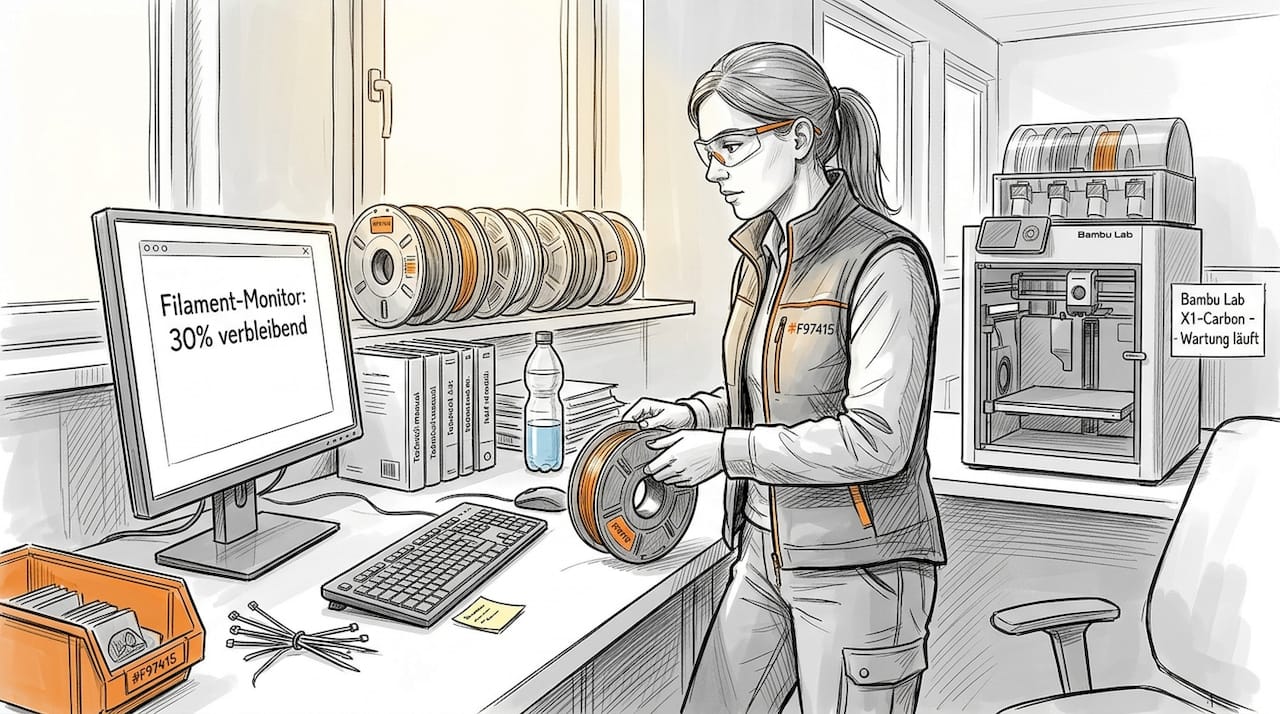 Ein Ingenieur überprüft das Filament an seinem Arbeitsplatz.