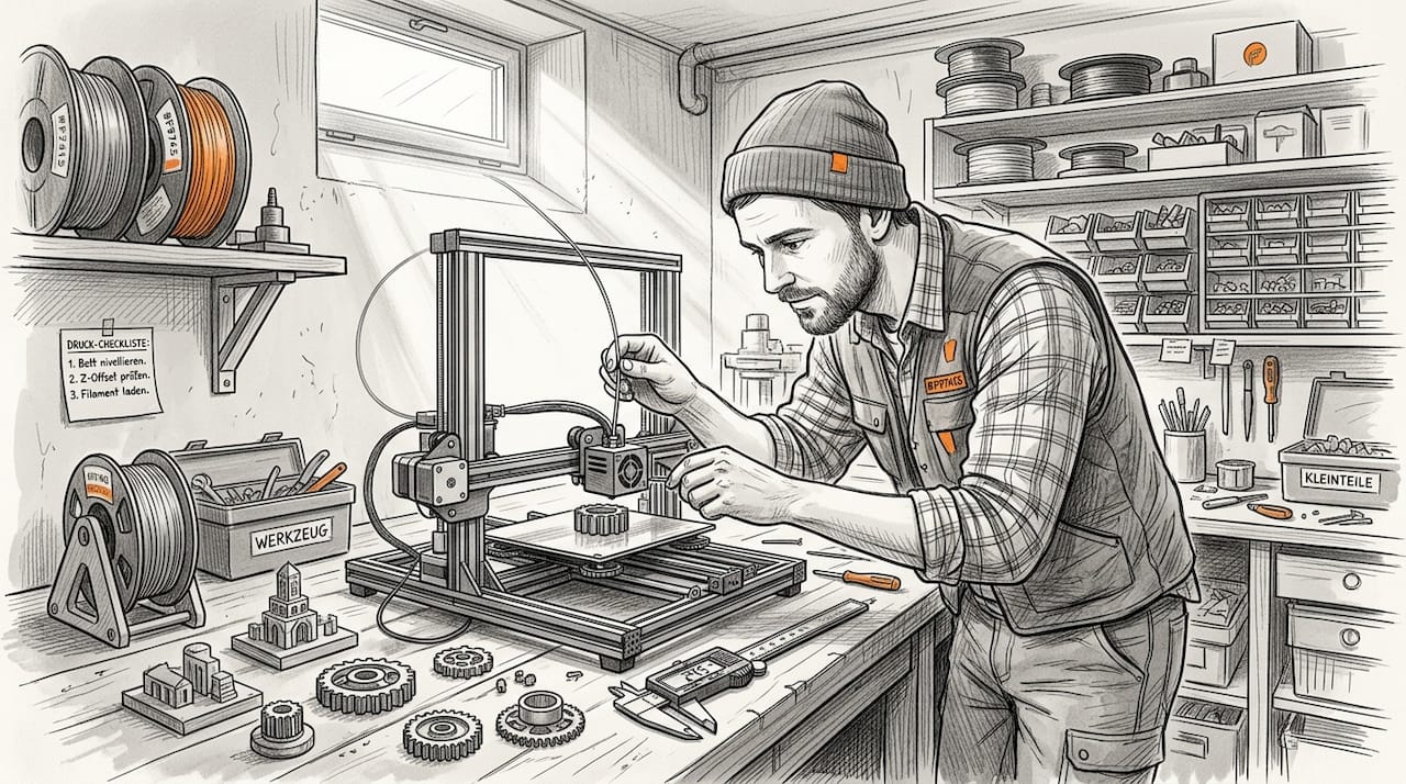 In einer Werkstatt kontrolliert ein Mann das Filament an seinem 3D-Drucker.
