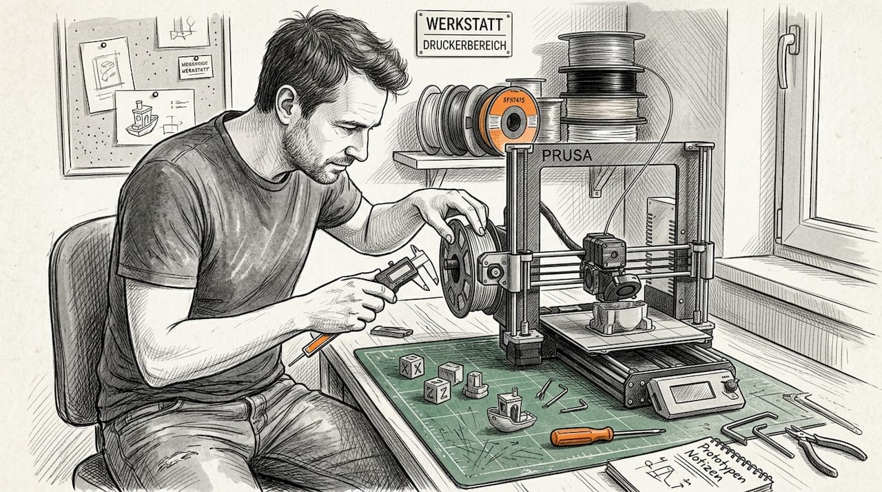 Im heimischen Studio bringt jemand die Filamentrolle für den 3D-Drucker in Position.