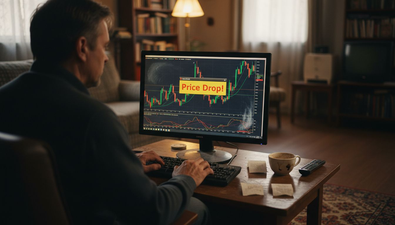 Man viewing price alert on dusty desktop monitor