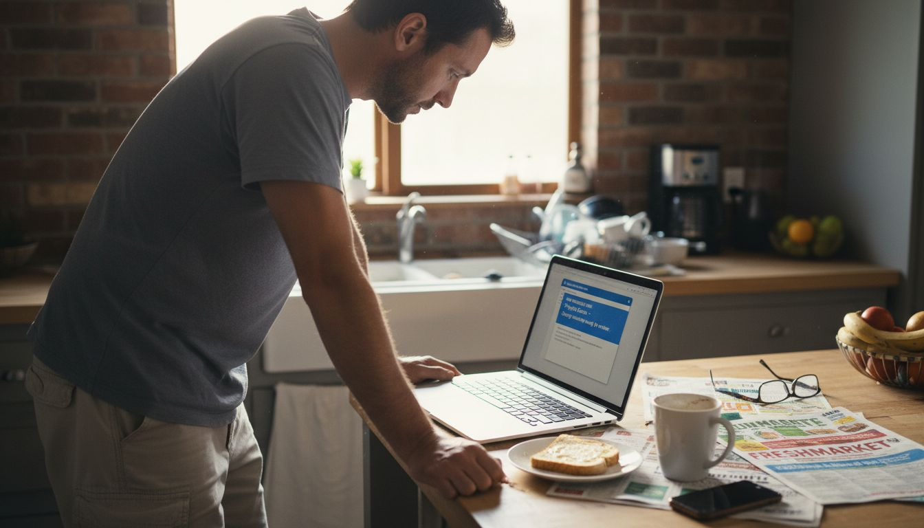 Man sees price alert on kitchen laptop