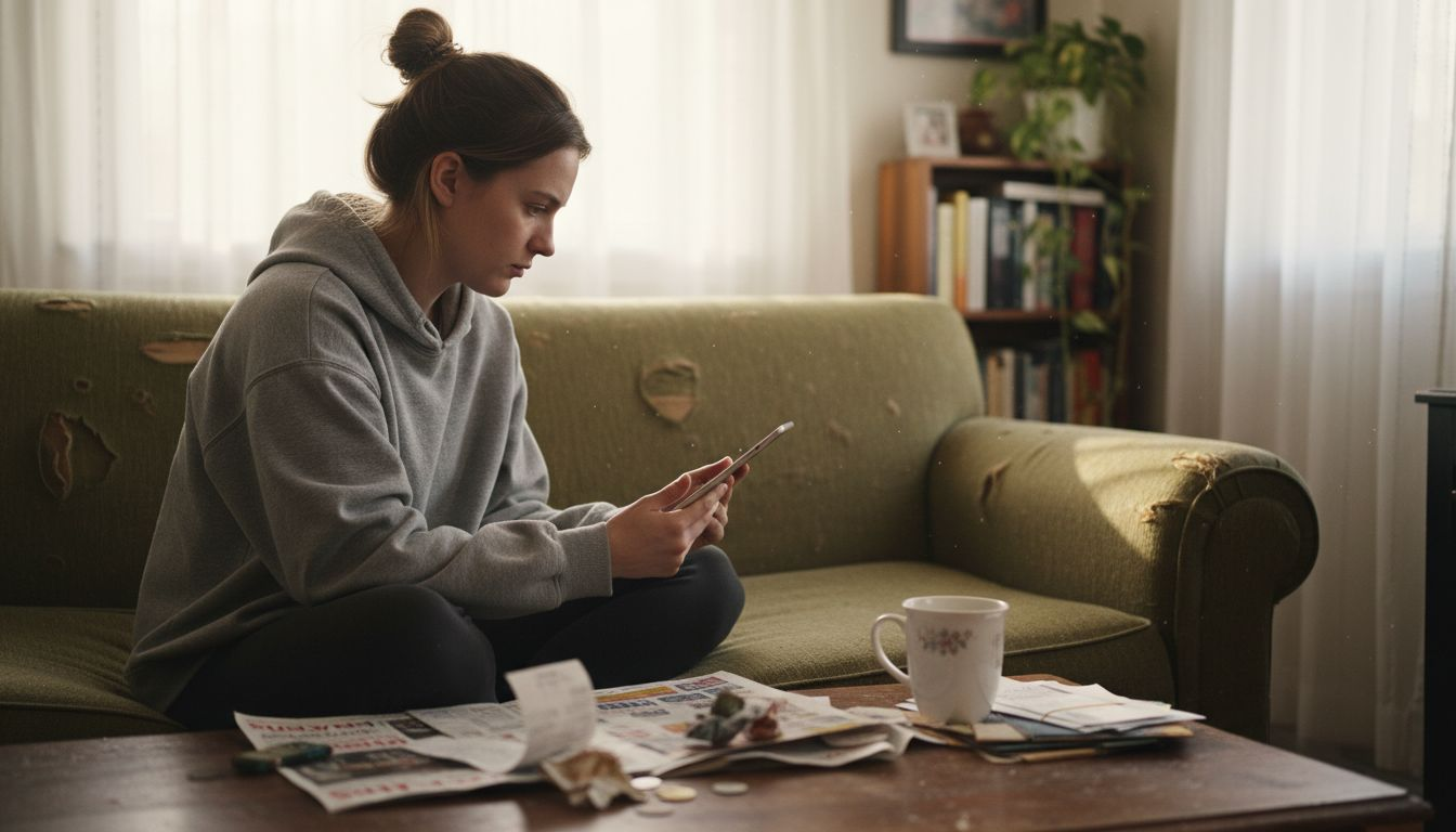 Woman researching budget shopping on tablet at home