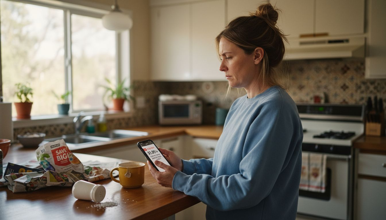 Woman checking phone price alert notification