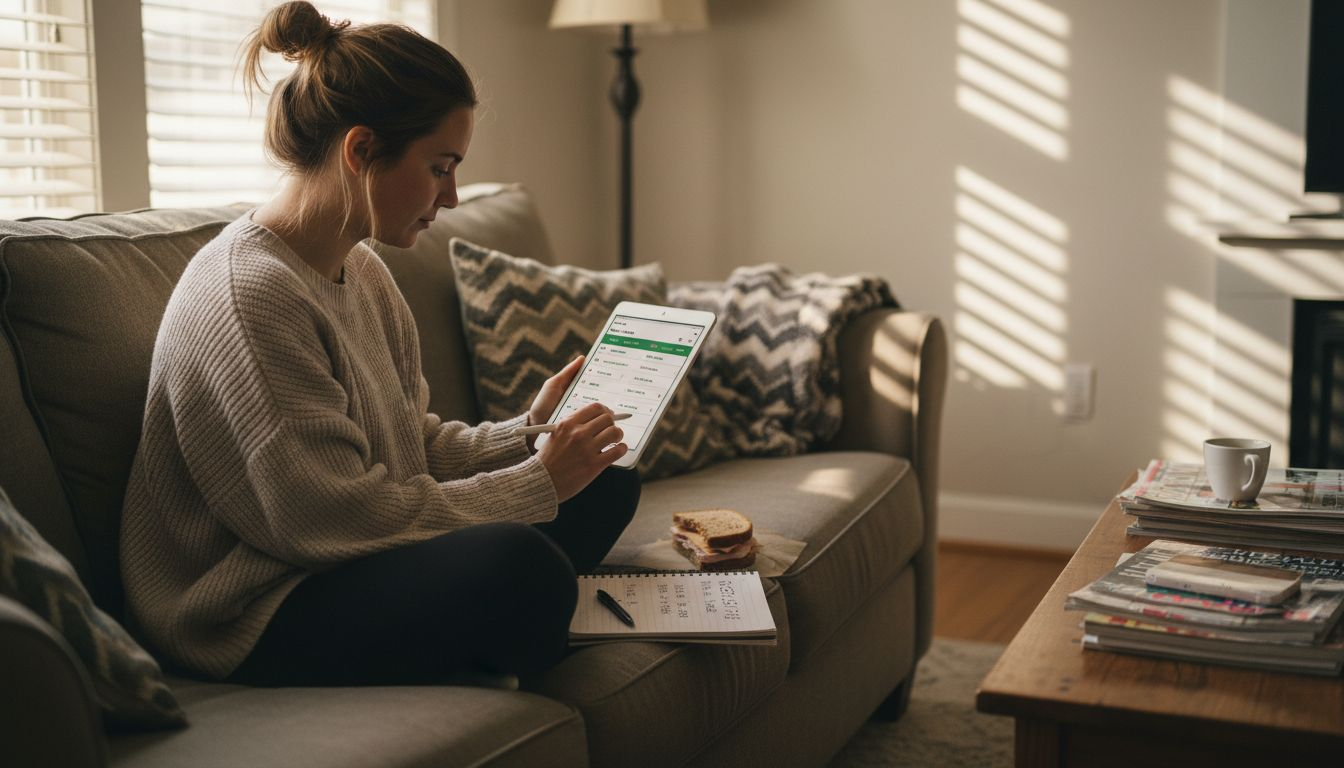 Woman viewing price alerts in living room