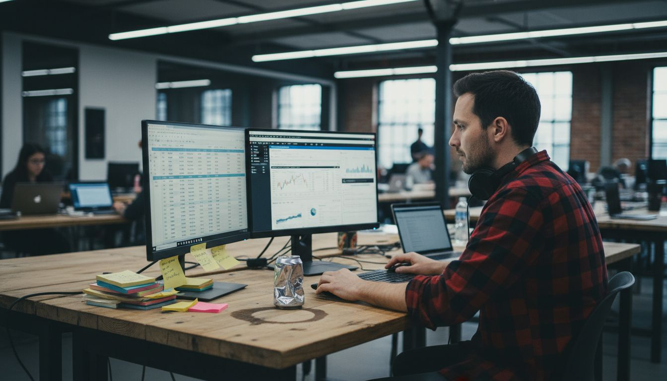 Man using price monitoring dashboard at coworking desk