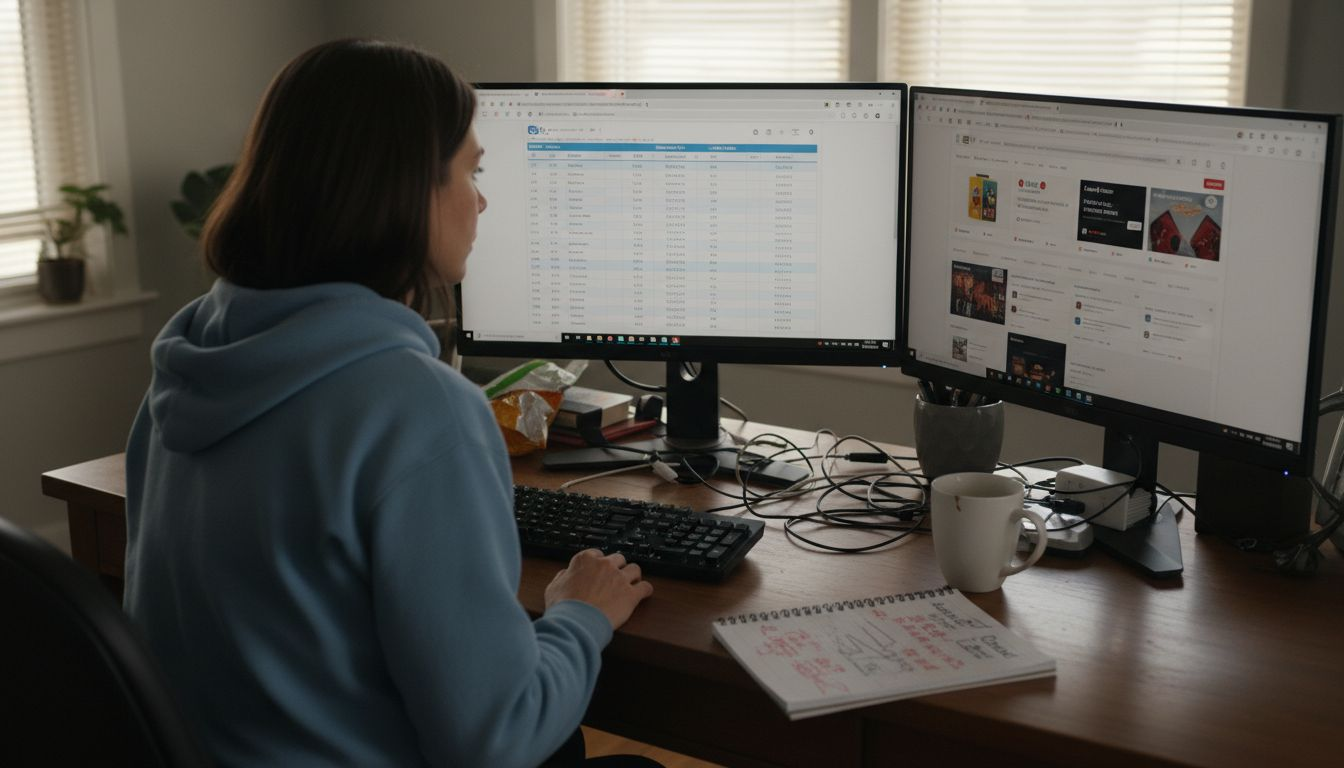 Woman tracks prices at cluttered computer desk