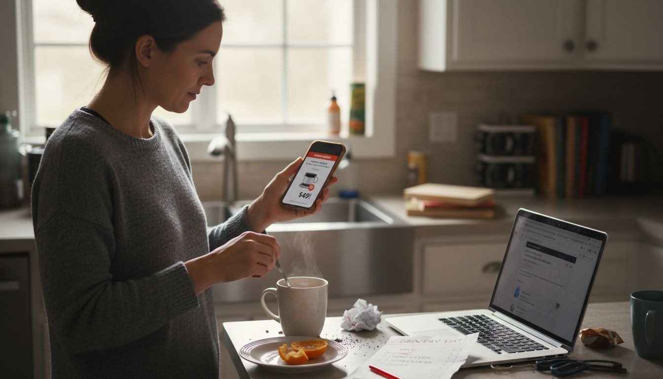 Woman checks price alerts in busy kitchen