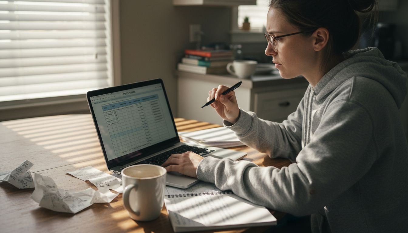 Woman using laptop for price tracking