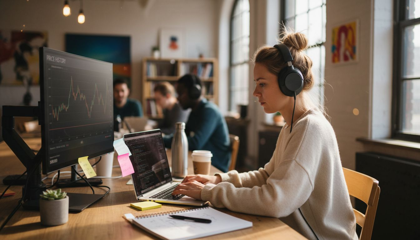 Woman monitoring automated price tracking dashboard