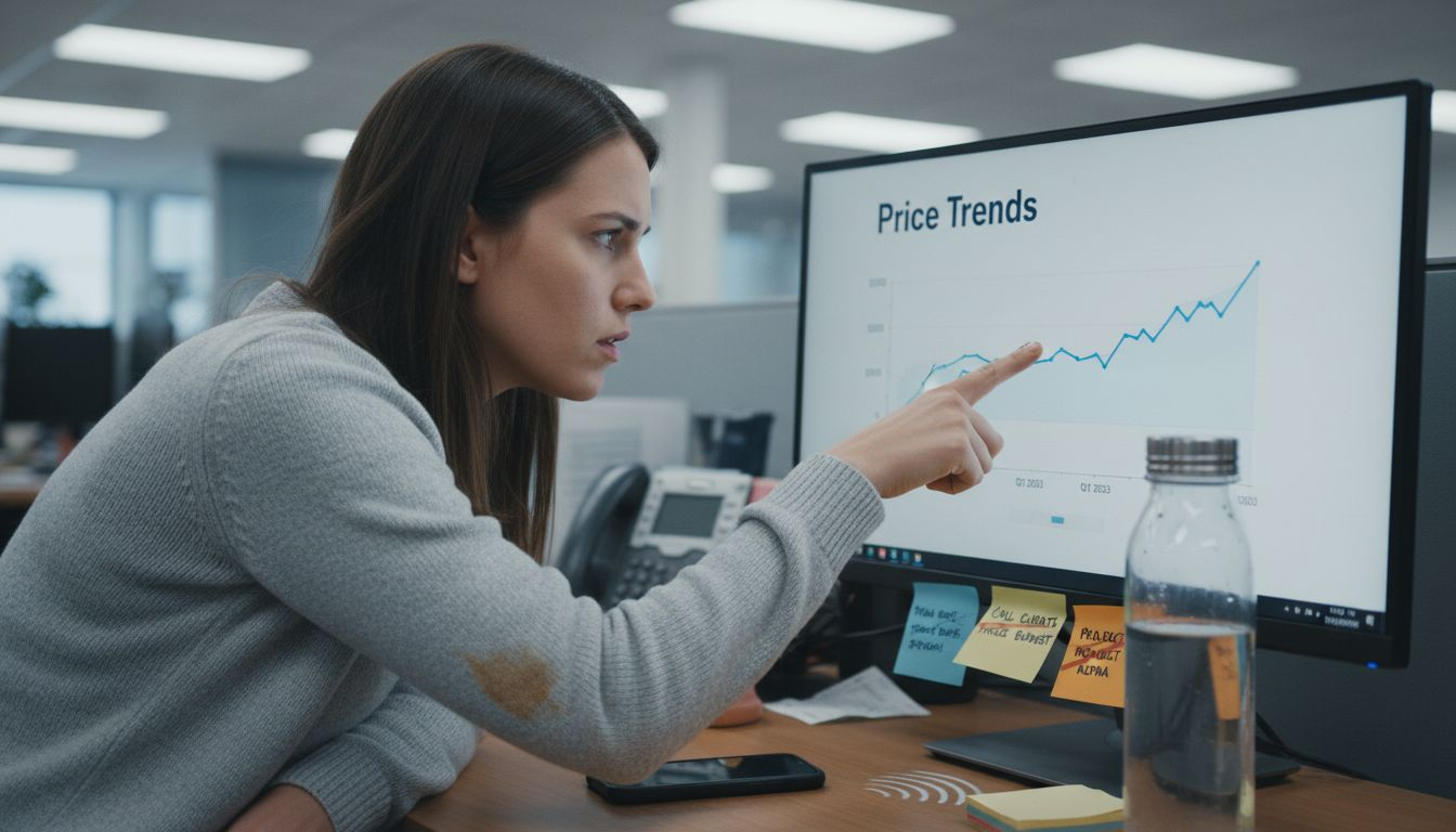 Woman reviewing price history chart on monitor