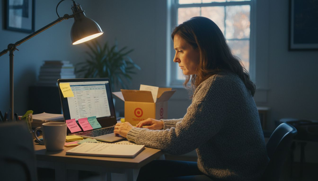 Woman reviewing price tracking savings at office desk