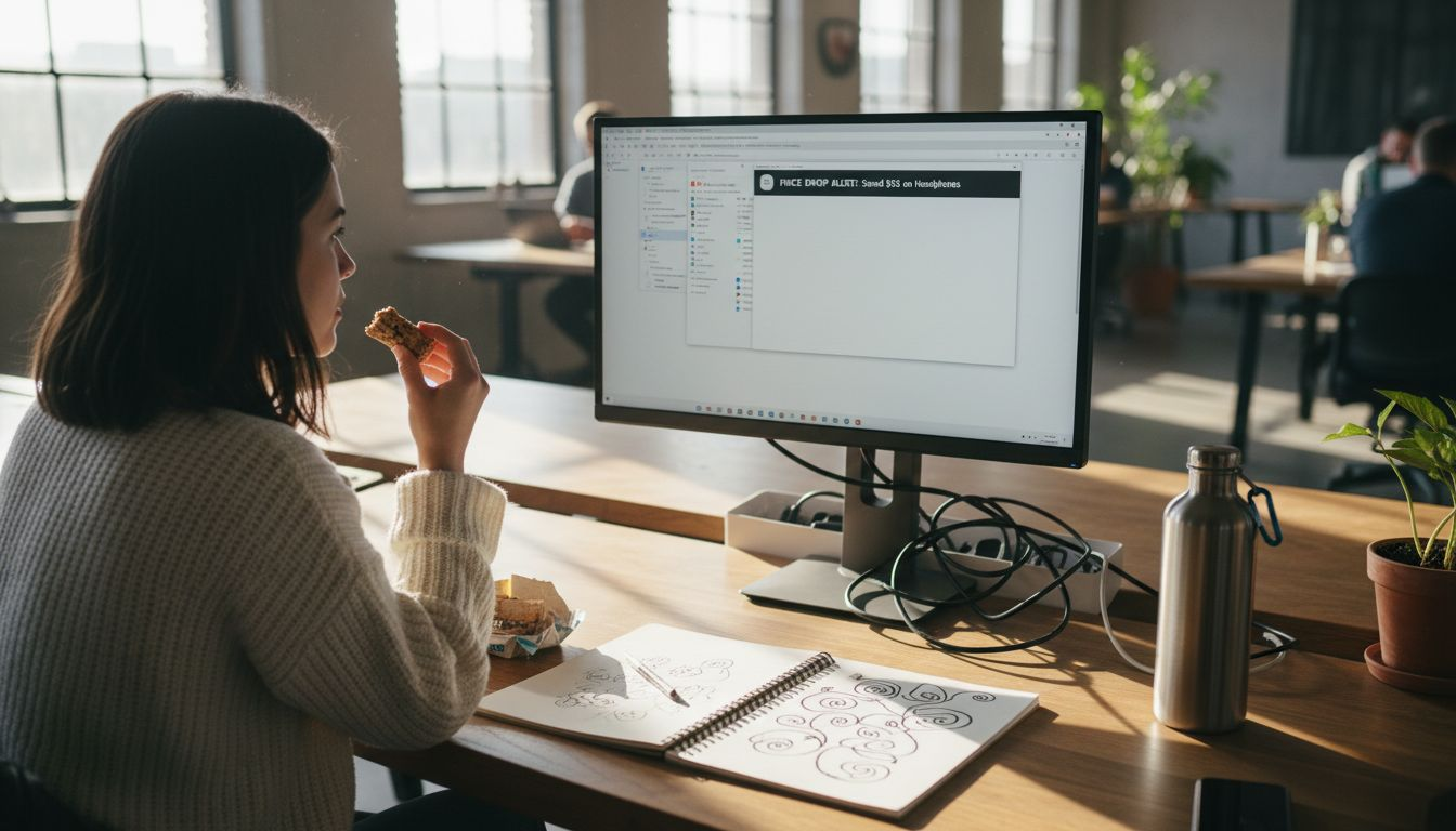 Woman sees price drop alert at desk