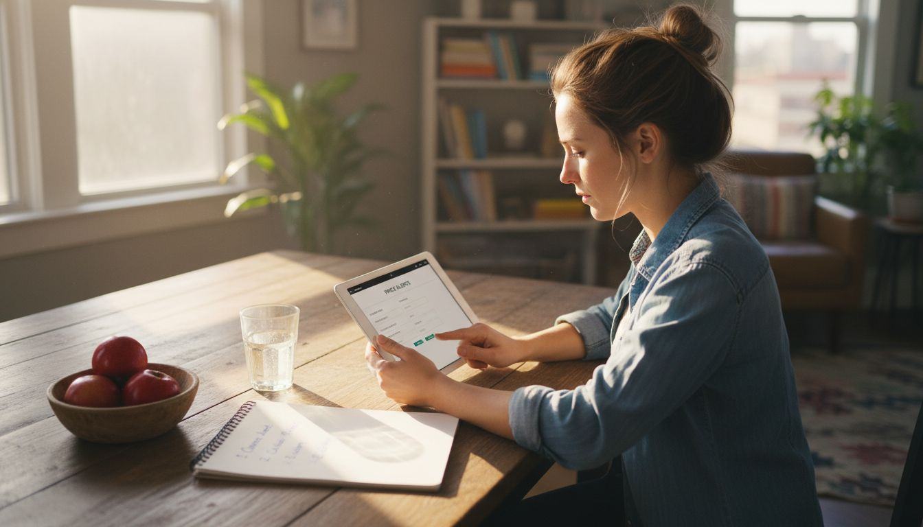 Woman configuring price alerts at home desk