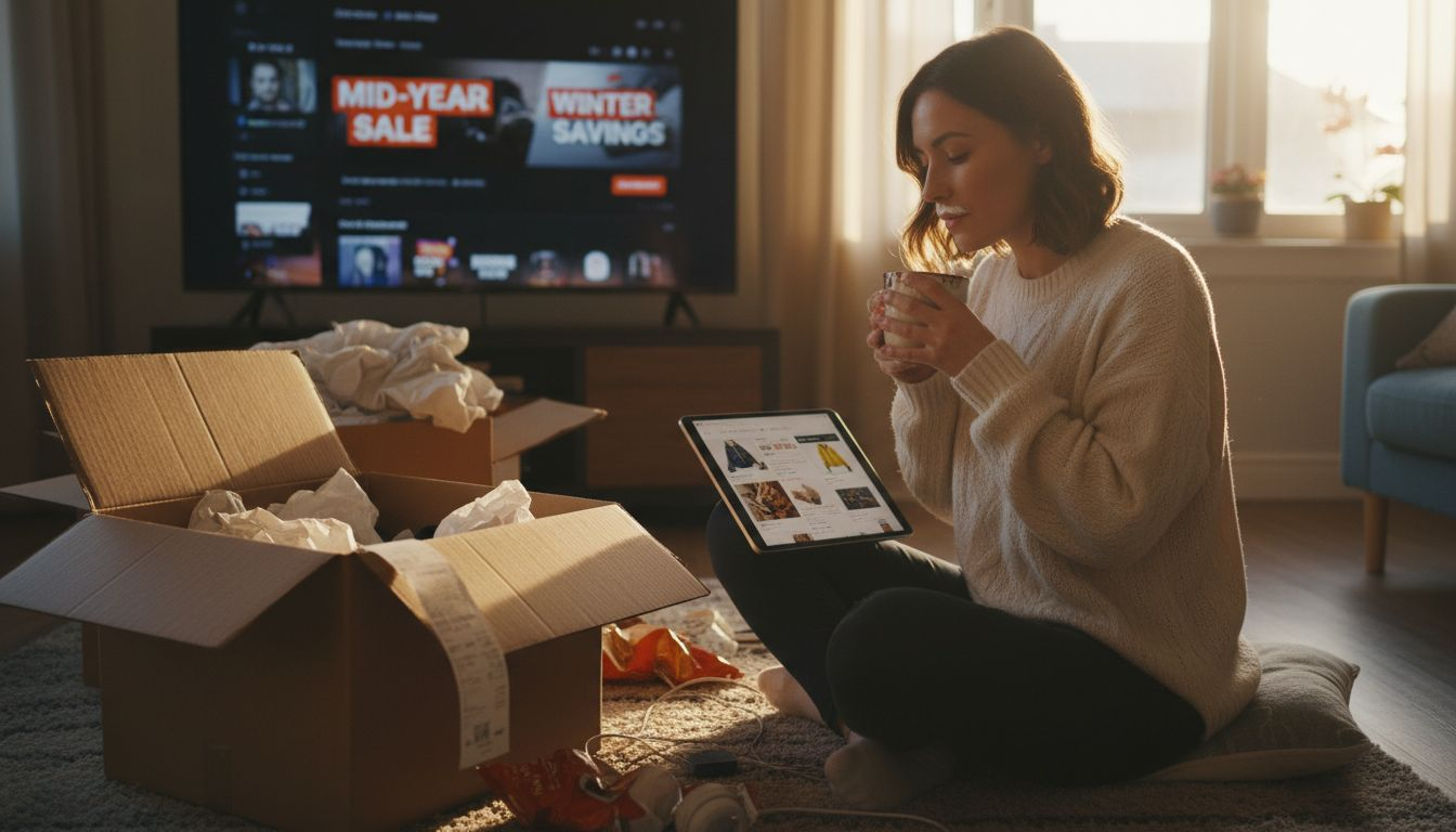 Woman comparing winter apparel and electronics deals