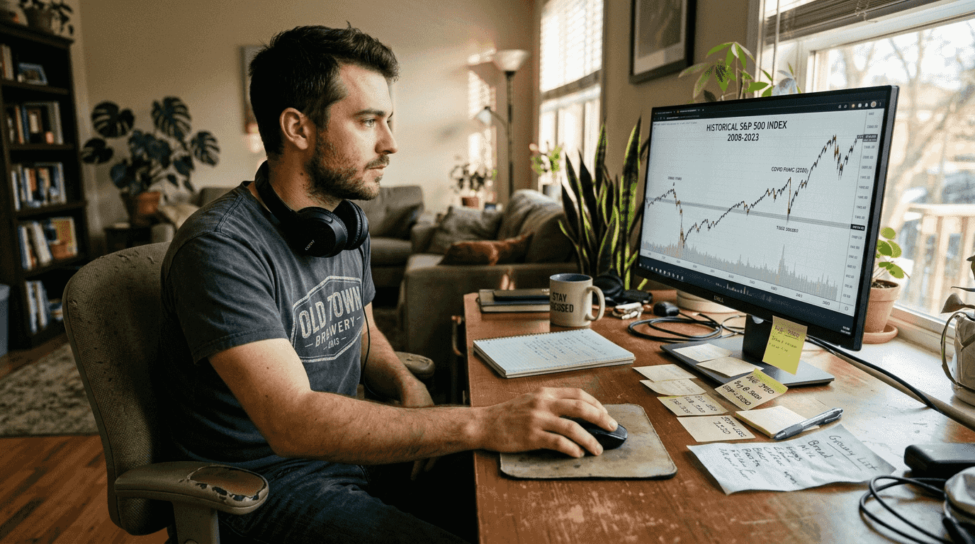 Man analyzing historical price chart on desktop