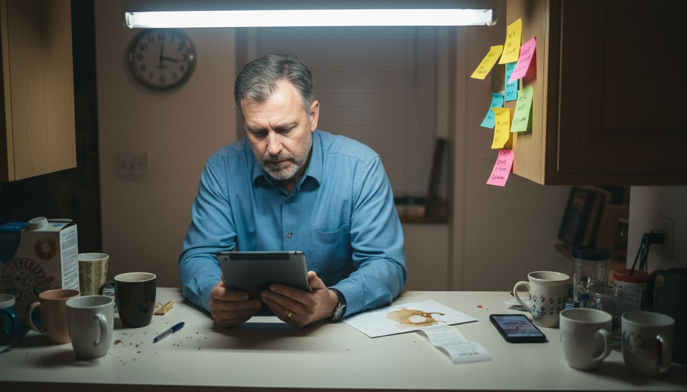 Shopper scanning tablet amid receipts and notes