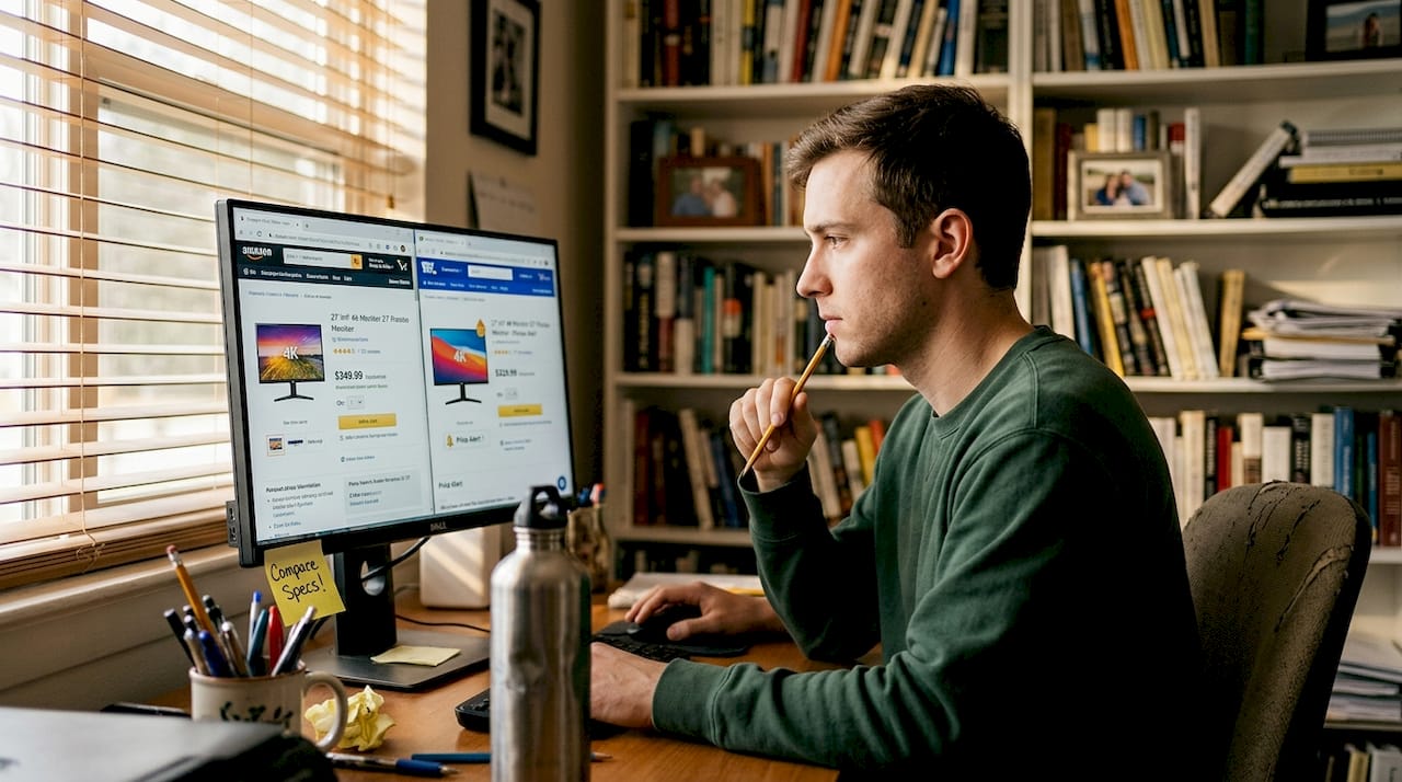Man compares online prices on computer