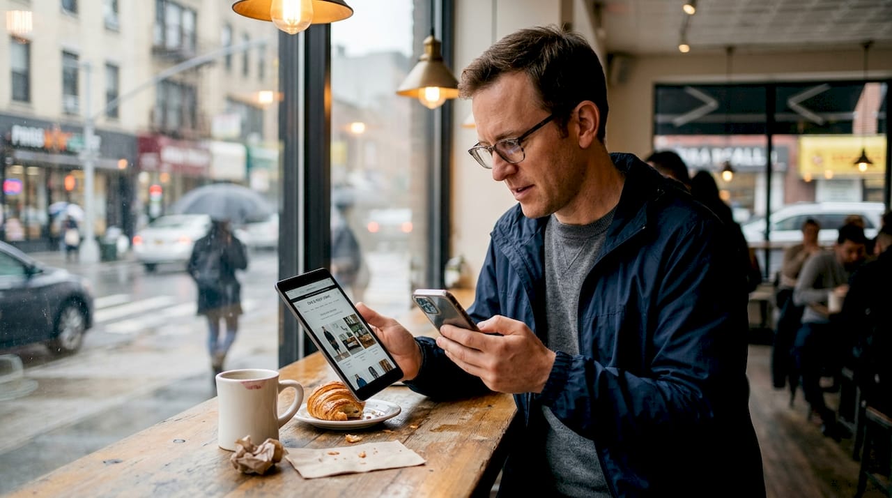 Man compares prices on phone and tablet