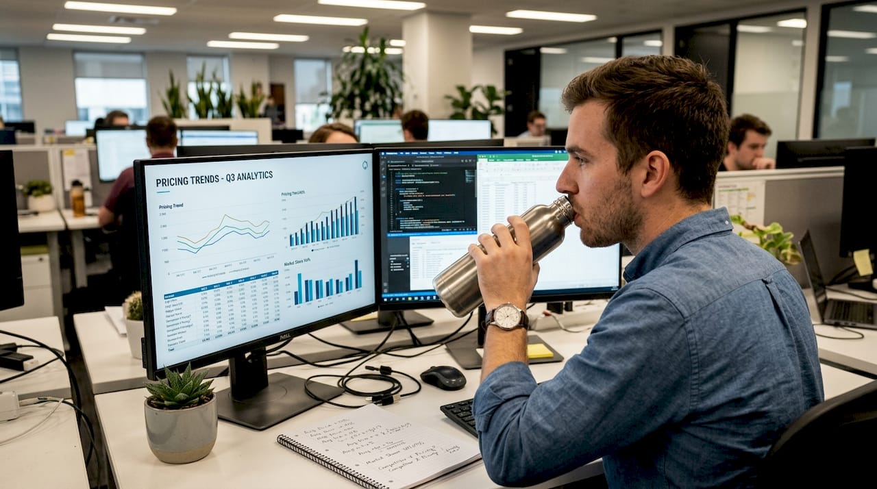 Analyst reviewing algorithmic pricing charts at desk