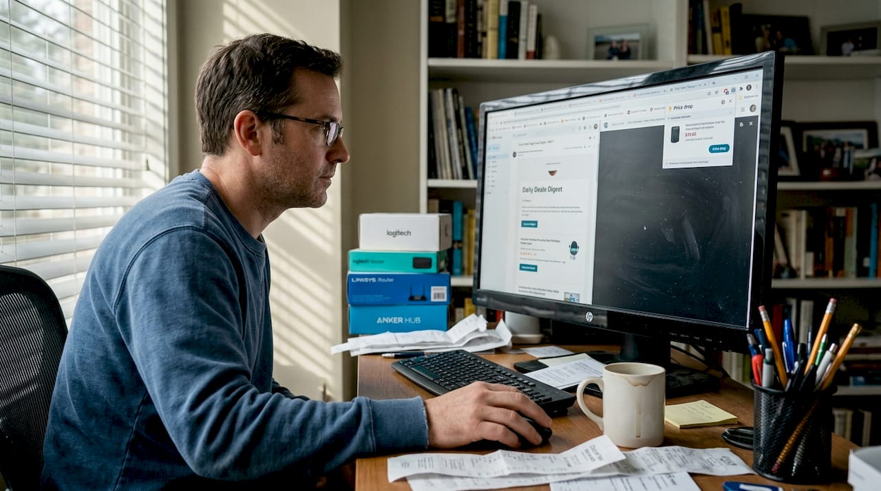 Man checks price tracking browser notifications