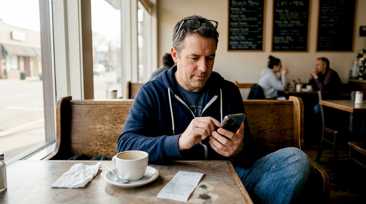 Man uses price comparison app in café