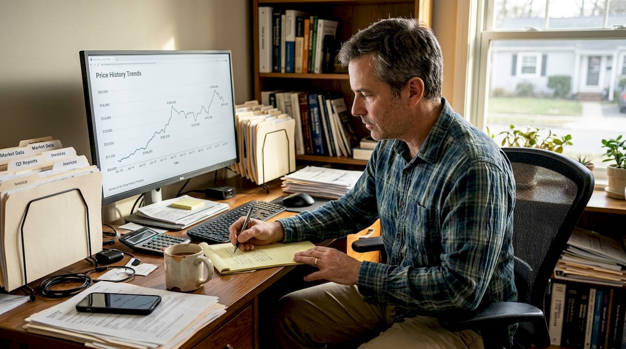 Man reviewing price history tools at desk