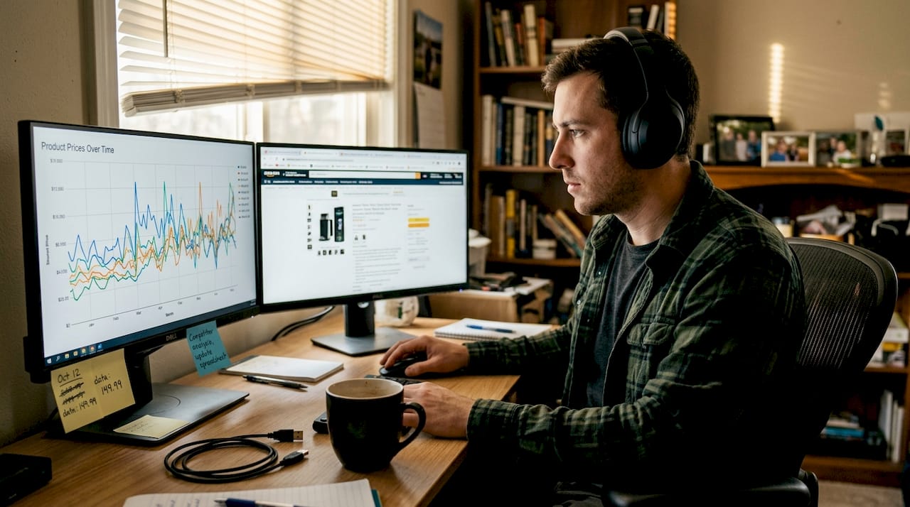 Man checking price data at home office desk