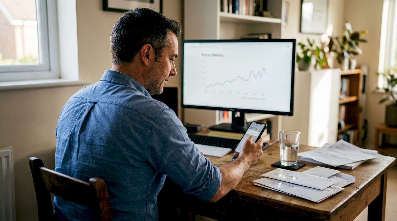 Man checks price alert in home office
