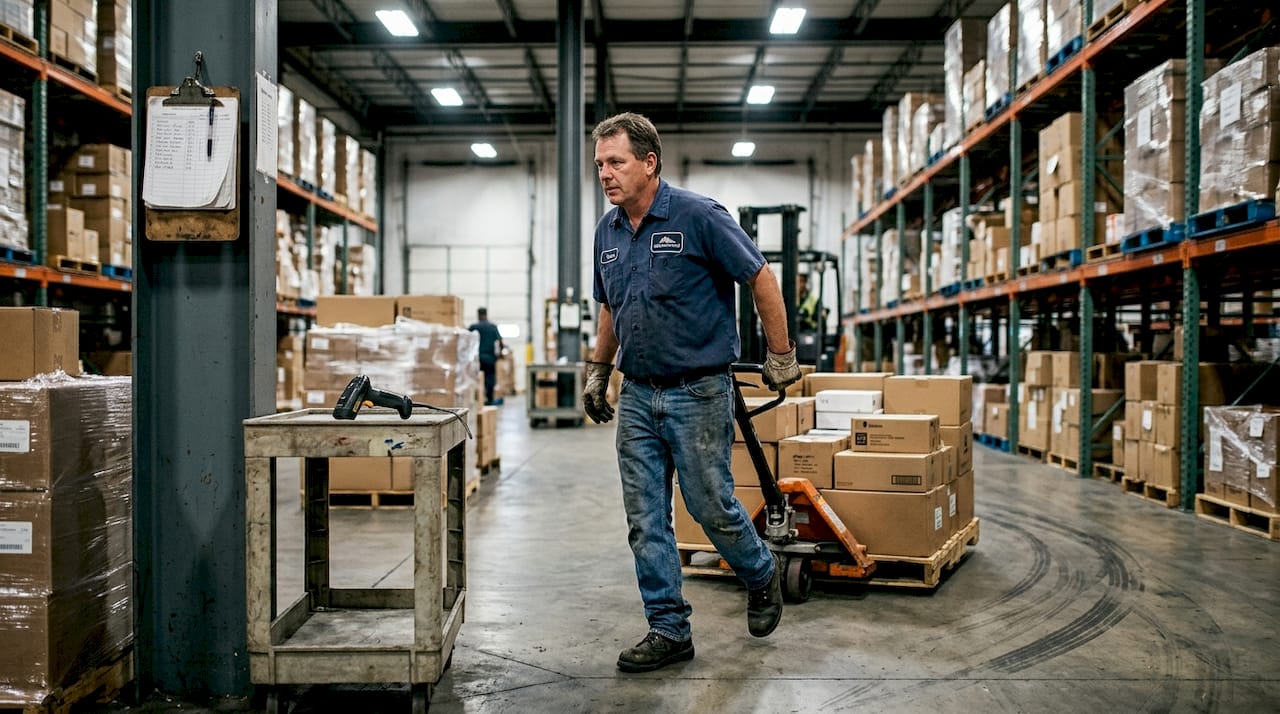 Worker moving boxes in supply chain warehouse