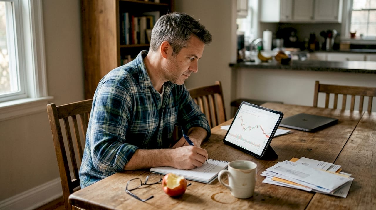 Man updating seasonal price tracking notes at table