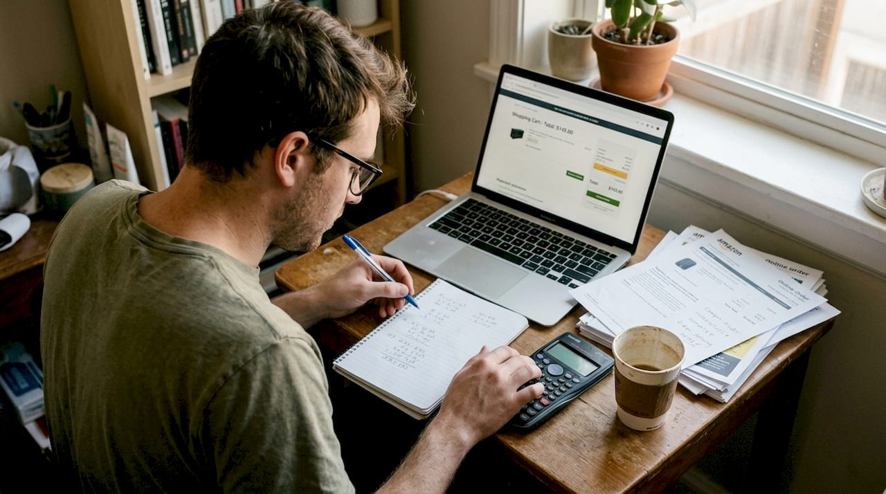 Man calculating online shopping discounts