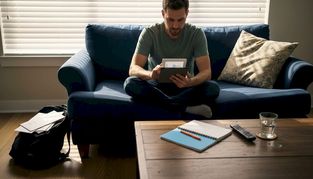 Man comparing retailer prices on tablet at home