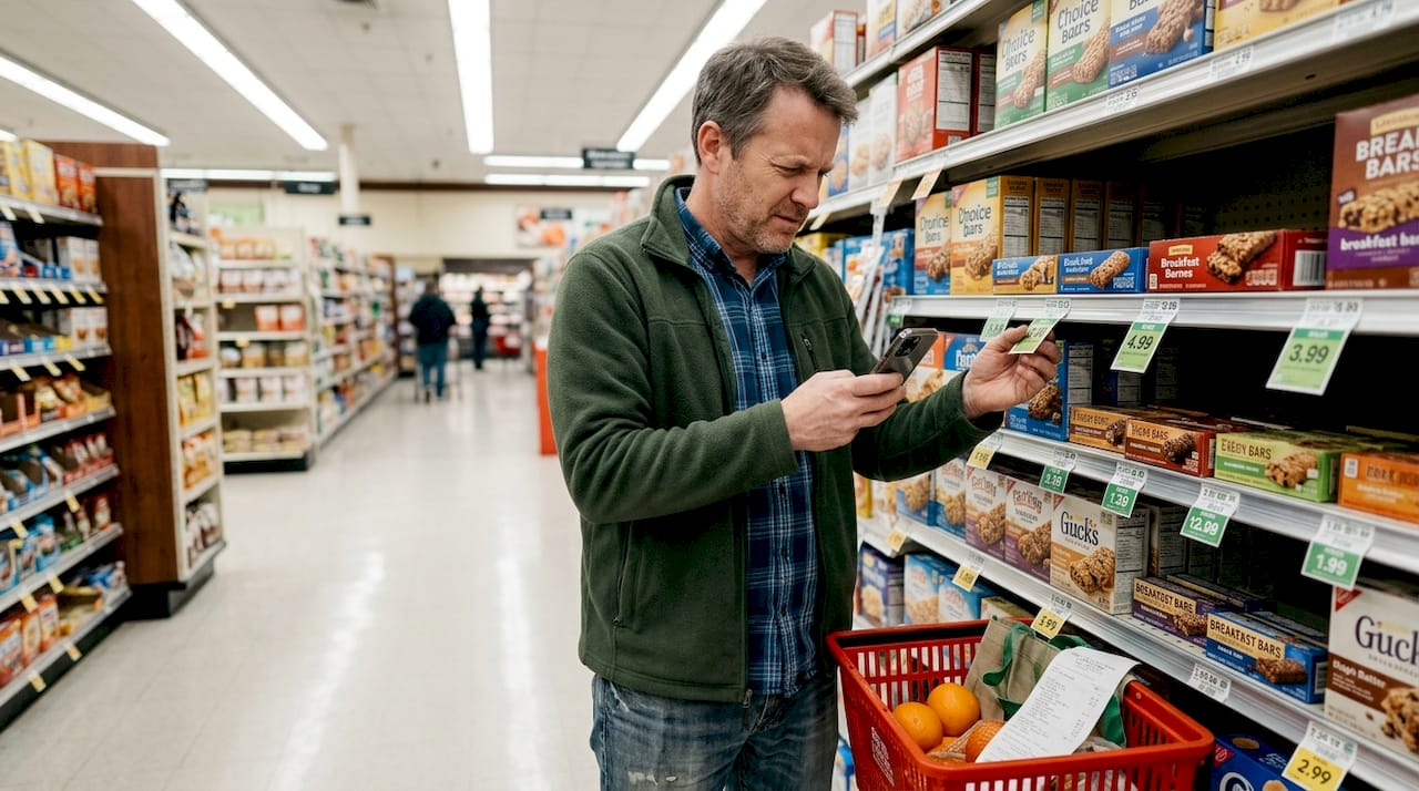 Shopper comparing shelf price to phone in store