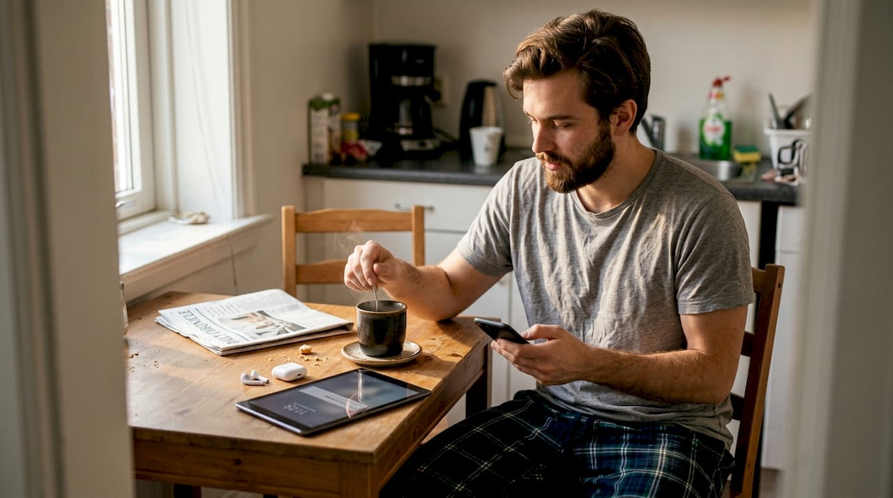 Man receives price alert at kitchen table