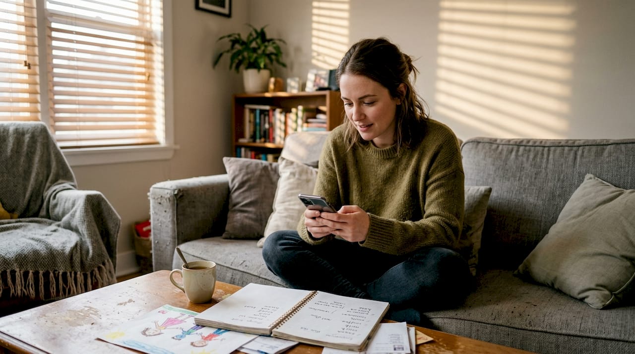 Woman reviewing shopping plans on phone with notes