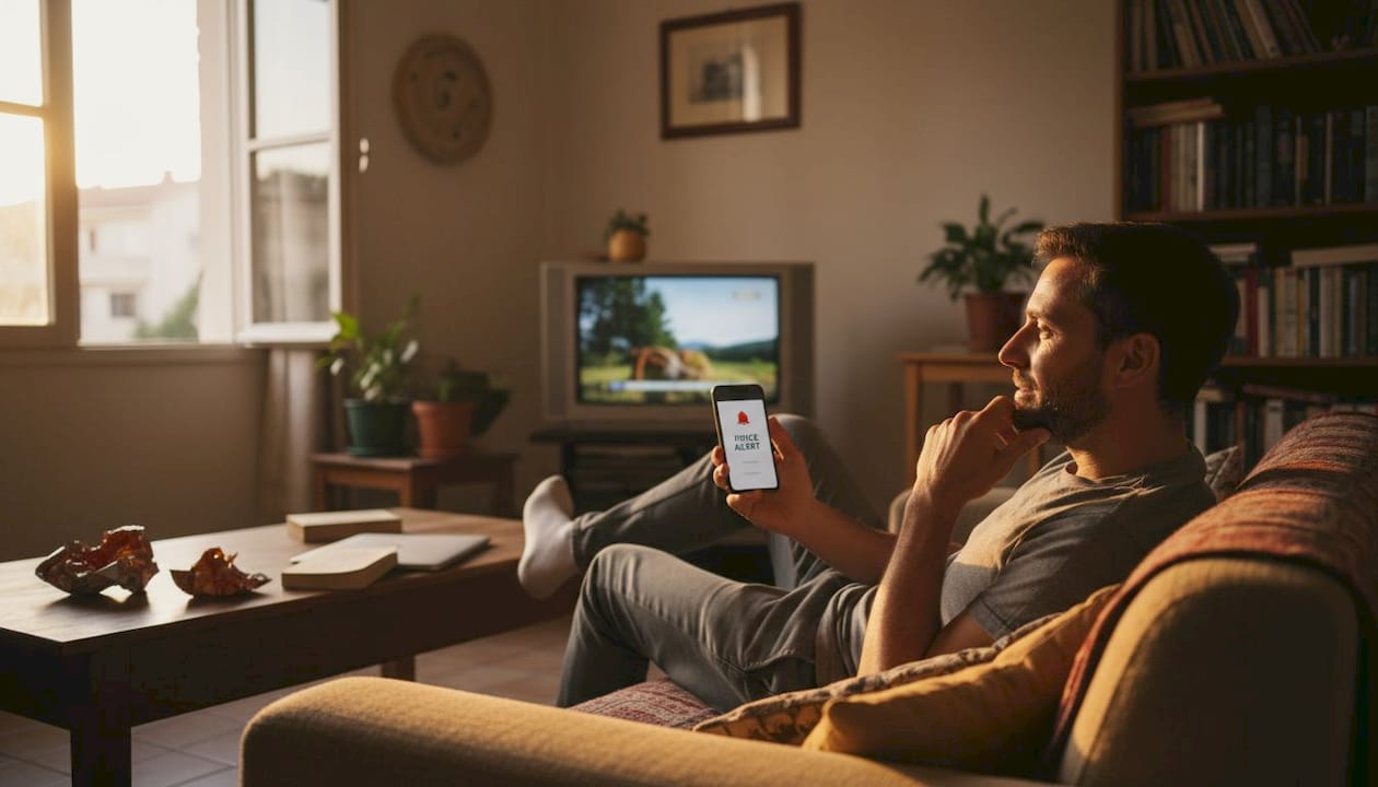Man checking price alert on phone at home