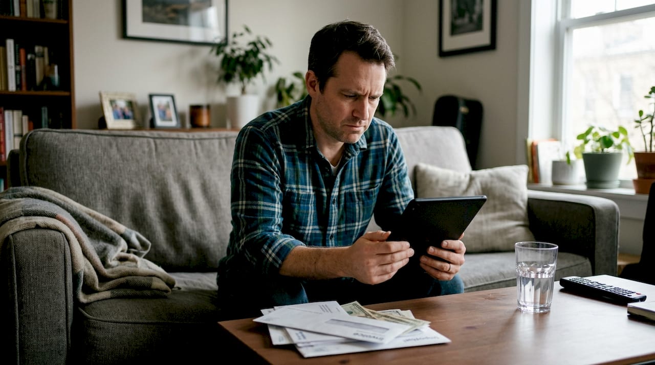 Man reviewing bank statement in casual living room