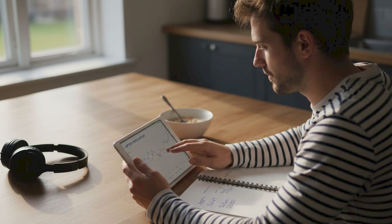 Man tracking product price history at kitchen table