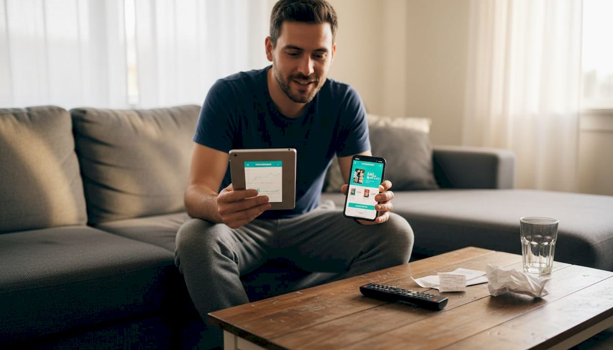 Man comparing price-tracking apps on couch