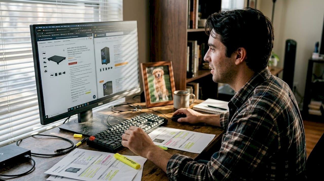 Man researching product data on cluttered desk