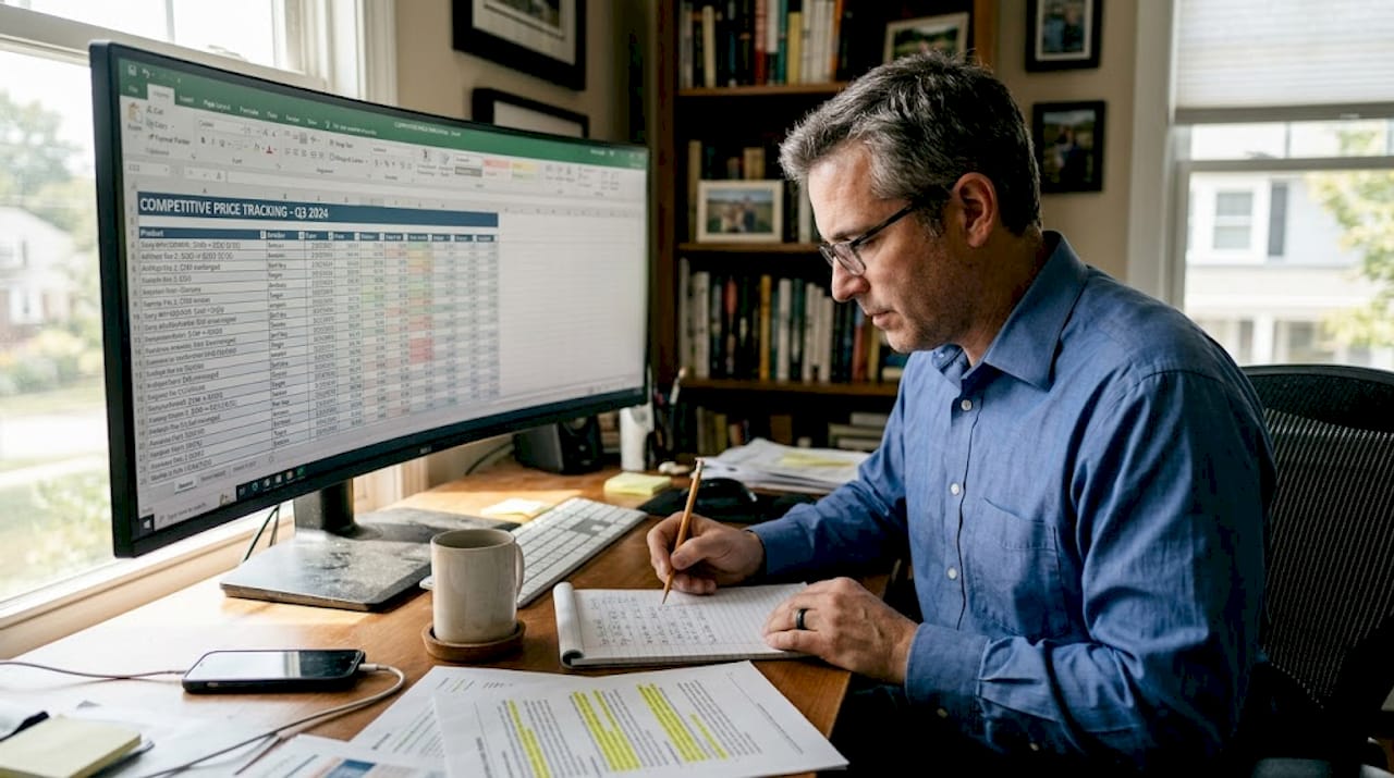 Man researching price elasticity at home desk