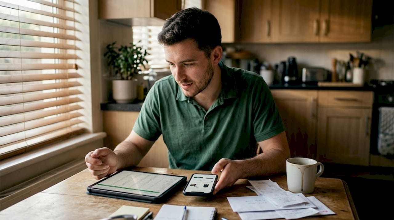 Man comparing prices on devices at kitchen table