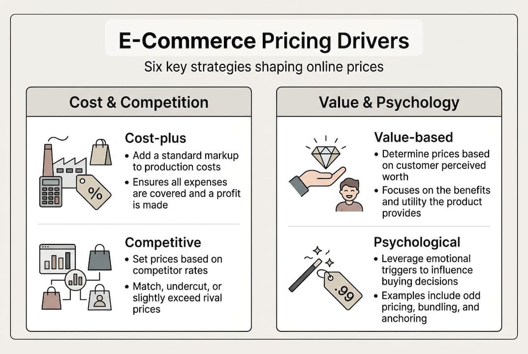 Minimalist infographic showing core pricing drivers