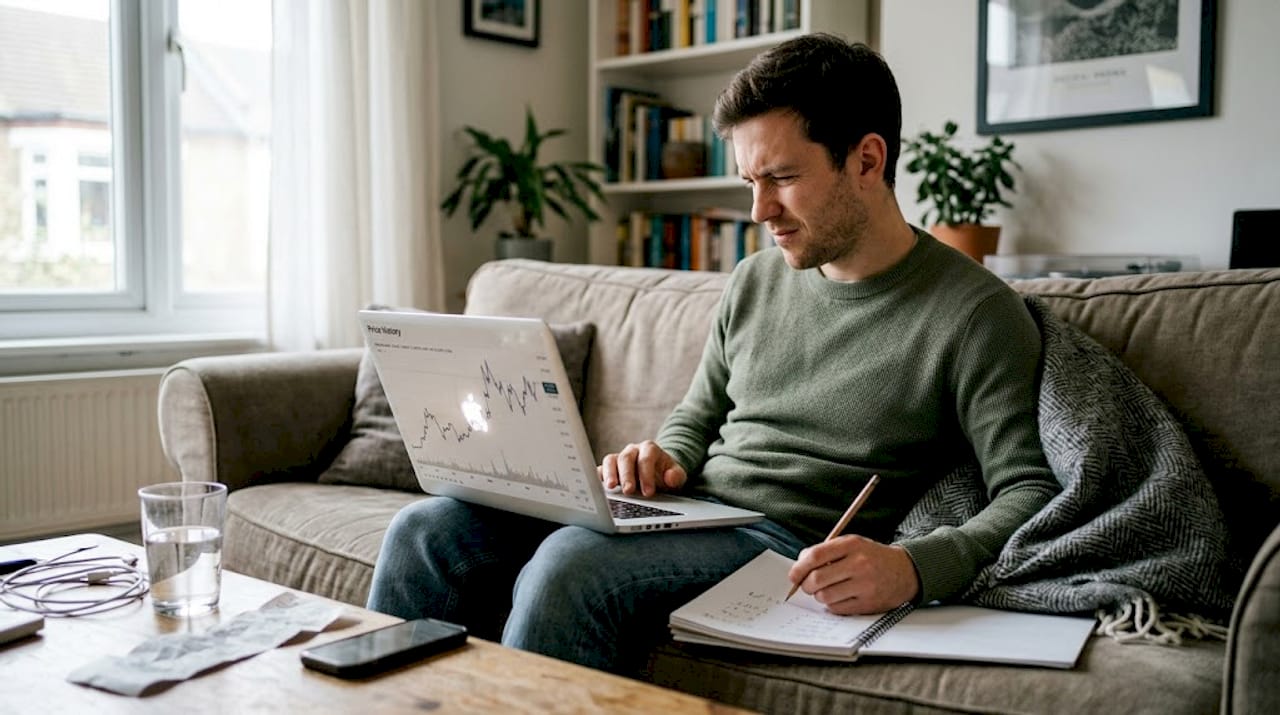 Man checking price history on laptop