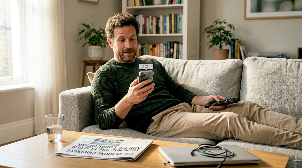 Man checks price alert on phone at home