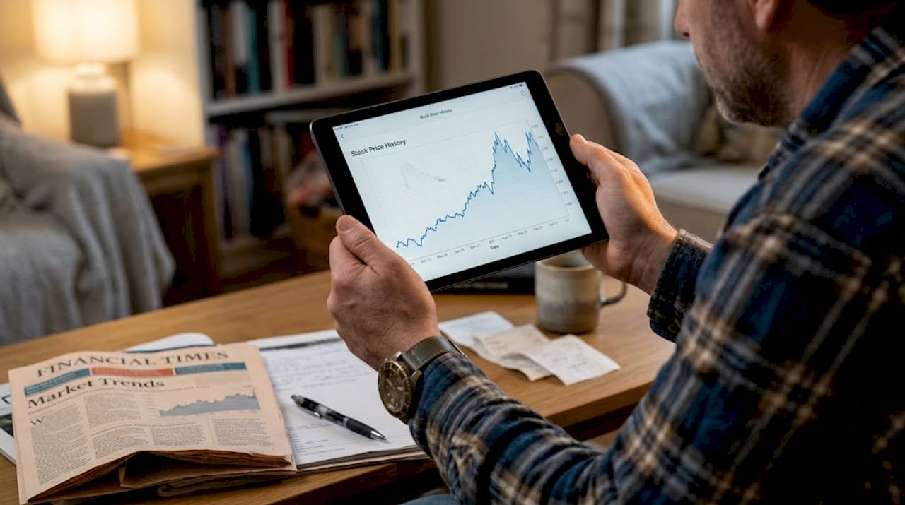 Hands studying product price history chart on tablet