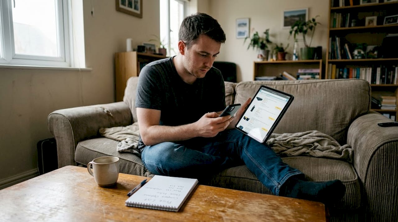 Man comparing product prices across devices