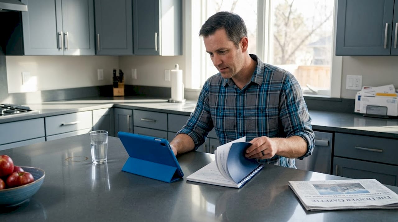 Man tracking product prices at kitchen island