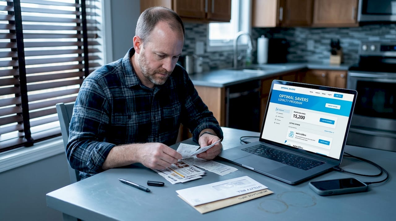 Man sorting coupons at home kitchen table