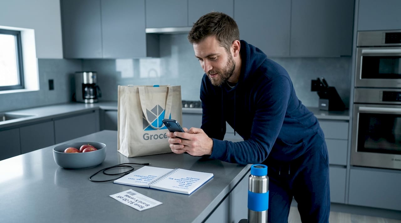 Man checks shopping deals in kitchen